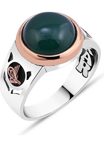 Kapşon Kesim Yeşil Akik Taşlı Erkek Yüzük
