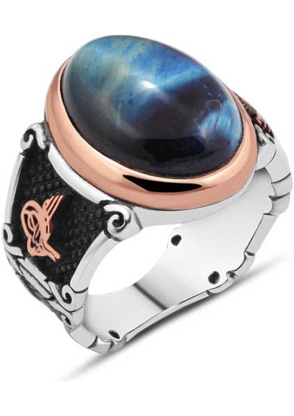 Kapşonlu Mavi Kaplan Gözü Taşlı Erkek Yüzük