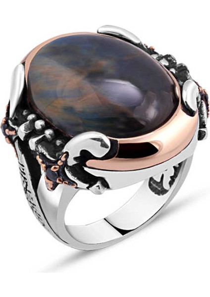 Kapşonlu Mavi Kaplan Gözü Taşlı Kenarları Kılıçlı Erkek Yüzük