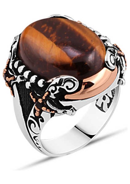 Kapşonlu Kaplan Gözü Taşlı Kenarları Kılıçlı Erkek Yüzük