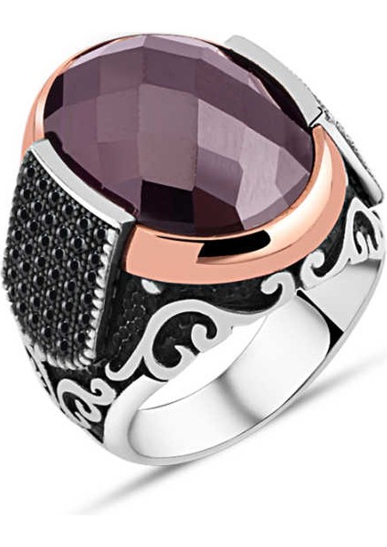 Kesme Ametist Taş Kenarı Minik Zirkon Taşlı Erkek Yüzük