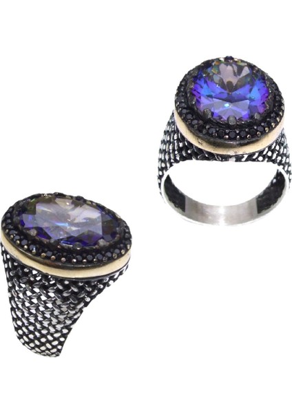 Mavi Mistik Topaz Taşlı Kenarları Zirkon Taşlı Gümüş Erkek Yüzük