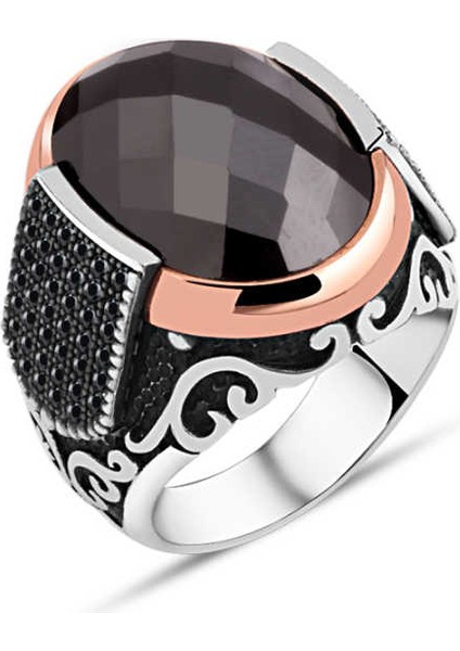 Kesme Siyah Zirkon Taş Kenarı Minik Zirkon Taşlı Erkek Yüzük