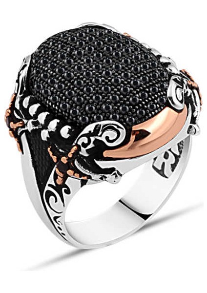 Minik Siyah Zirkon Taşlı Kenarları Kılıçlı Erkek Yüzük