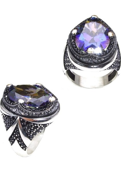 Mavi Mistik Topaz Taşlı Kenarları Zirkon Taşlı Gümüş Erkek Yüzük