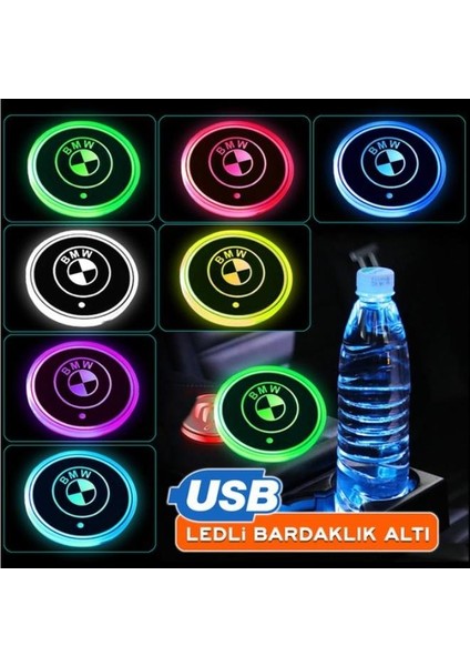 Oto Çizgi Bmw Uyumlu Ledli Bardaklık Altı USB Şarjlı (2 Adet)