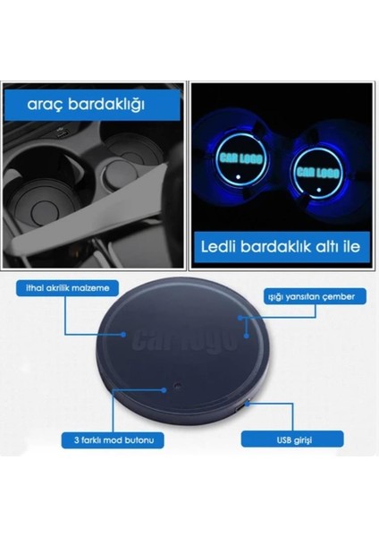 Oto Çizgi Bmw Uyumlu Ledli Bardaklık Altı USB Şarjlı (2 Adet)