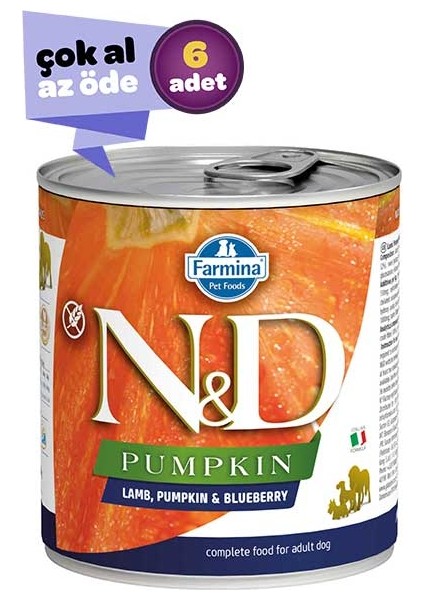 ND Pumpkin Tahılsız Kuzu Eti Balkabağı ve Yaban Mersinli Yetişkin Köpek Konservesi 6x285gr (6lı)