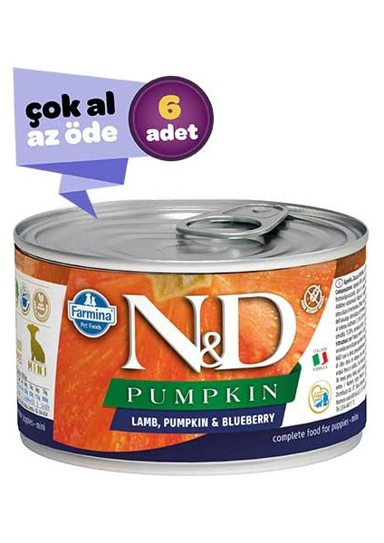 ND Pumpkin Tahılsız Kuzu Eti Balkabağı ve Yaban Mersinli Yavru Köpek Konservesi 6x140gr (6lı)