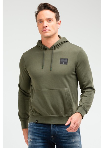 Haki Regular Fit Düz Pamuklu Kapüşonlu Kanguru Cep Erkek Sweatshirt - XC2237