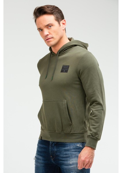 Haki Regular Fit Düz Pamuklu Kapüşonlu Kanguru Cep Erkek Sweatshirt - XC2237