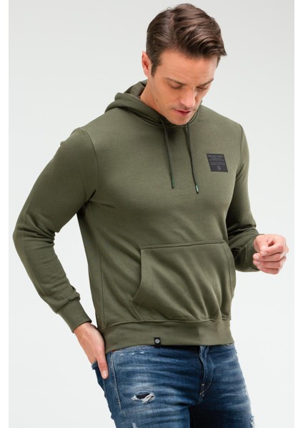 Haki Regular Fit Düz Pamuklu Kapüşonlu Kanguru Cep Erkek Sweatshirt - XC2237