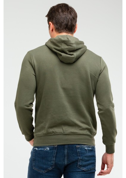 Haki Regular Fit Düz Pamuklu Kapüşonlu Kanguru Cep Erkek Sweatshirt - XC2237