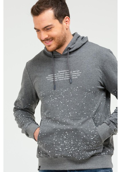 Antrasit Regular Fit Baskılı Pamuklu Kapüşonlu Kanguru Cep Erkek Sweatshirt - XC2210