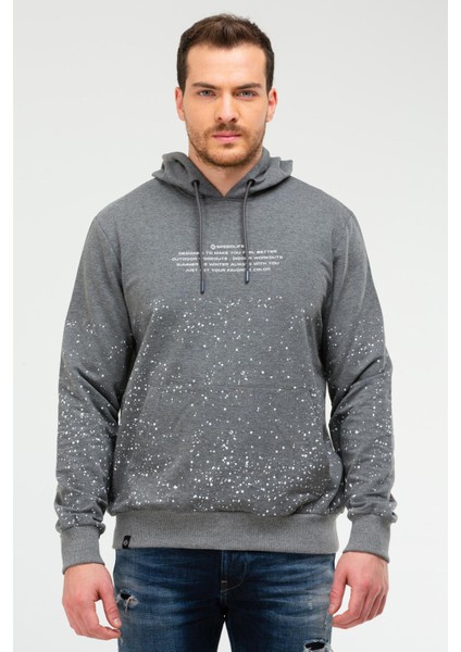 Antrasit Regular Fit Baskılı Pamuklu Kapüşonlu Kanguru Cep Erkek Sweatshirt - XC2210