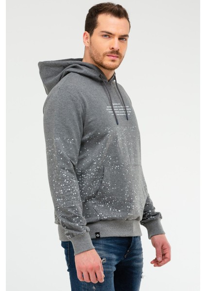 Antrasit Regular Fit Baskılı Pamuklu Kapüşonlu Kanguru Cep Erkek Sweatshirt - XC2210