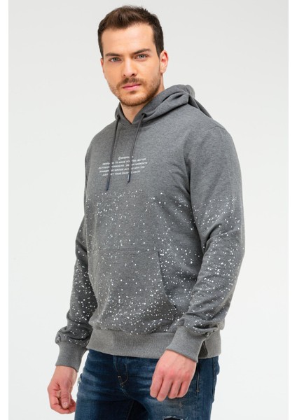 Antrasit Regular Fit Baskılı Pamuklu Kapüşonlu Kanguru Cep Erkek Sweatshirt - XC2210