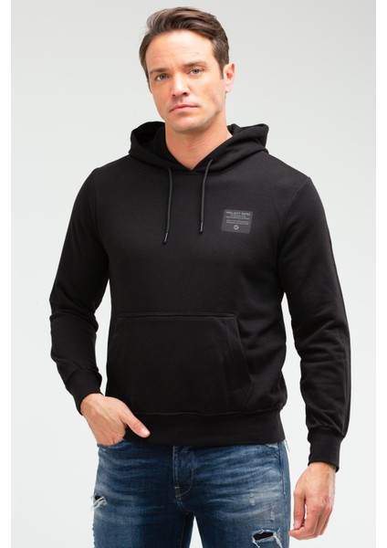 Siyah Regular Fit Düz Pamuklu Kapüşonlu Kanguru Cep Erkek Sweatshirt - XC2237