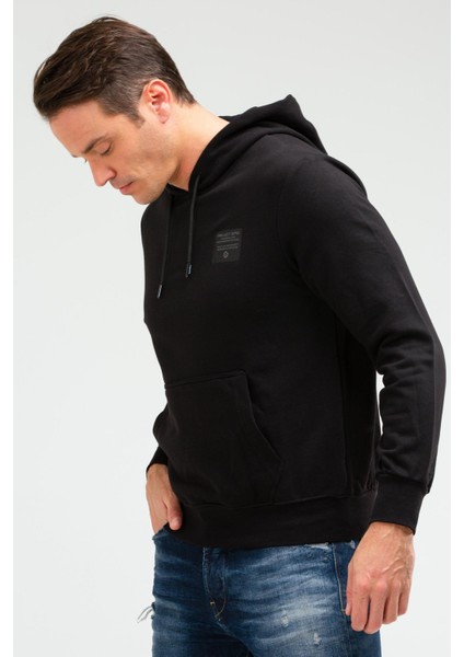 Siyah Regular Fit Düz Pamuklu Kapüşonlu Kanguru Cep Erkek Sweatshirt - XC2237