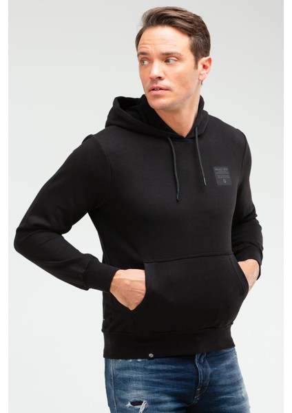 Siyah Regular Fit Düz Pamuklu Kapüşonlu Kanguru Cep Erkek Sweatshirt - XC2237