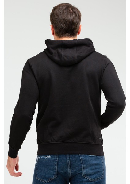 Siyah Regular Fit Düz Pamuklu Kapüşonlu Kanguru Cep Erkek Sweatshirt - XC2237