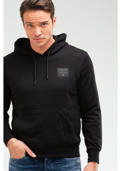 Siyah Regular Fit Düz Pamuklu Kapüşonlu Kanguru Cep Erkek Sweatshirt - XC2237