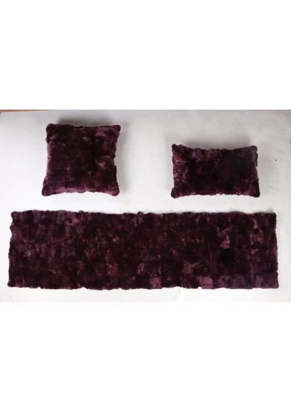 Bordo Doğal Kürk Koltuk Şal Takımı Şal 50 x 180 Cm, Yastık 50 x 50 Cm, Bel Yastığı 35 x 60 cm