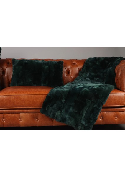 Yeşil Doğal Kürk Koltuk Şal Takımı Şal 50 x 180 Cm, Yastık 50 x 50 Cm, Bel Yastığı 35 x 60 cm modelleri