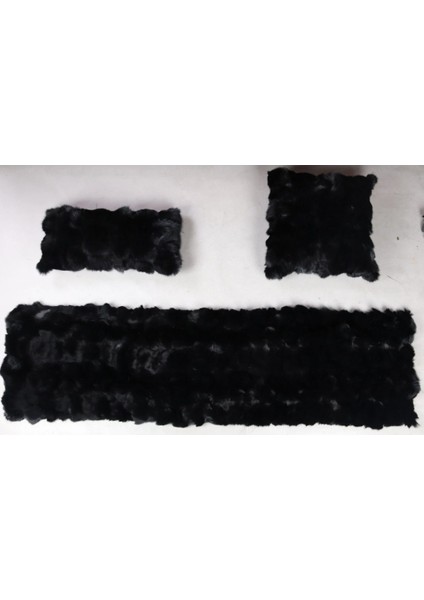 Siyah Doğal Kürk Koltuk Şal Takımı Şal 50 x 180 Cm, Yastık 50 x 50 Cm, Bel Yastığı 35 x 60 cm