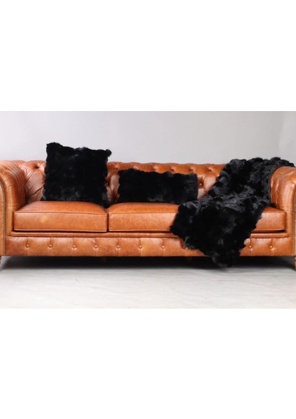 Siyah Doğal Kürk Koltuk Şal Takımı Şal 50 x 180 Cm, Yastık 50 x 50 Cm, Bel Yastığı 35 x 60 cm modelleri
