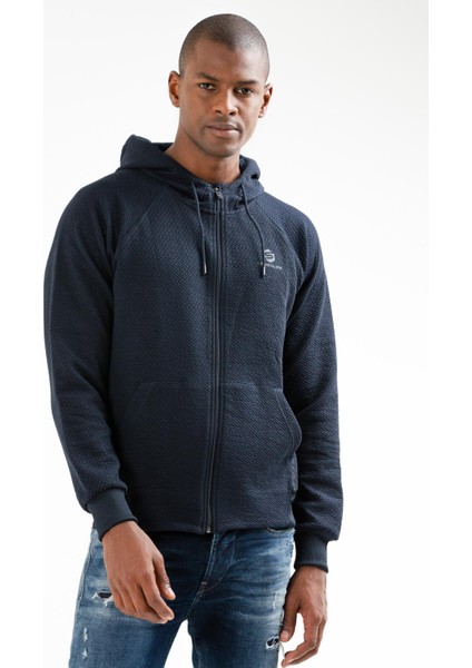 Lacivert Regular Fit Desenli Kapitone Kapüşonlu Fermuarlı Erkek Sweatshirt - XC2181