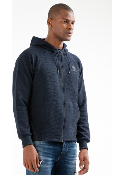 Lacivert Regular Fit Desenli Kapitone Kapüşonlu Fermuarlı Erkek Sweatshirt - XC2181