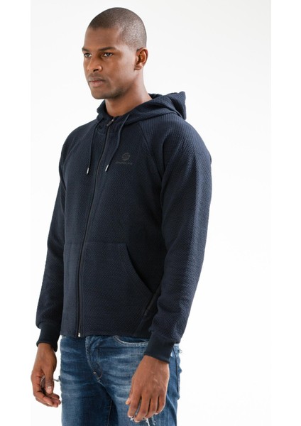 Lacivert Regular Fit Desenli Kapitone Kapüşonlu Fermuarlı Erkek Sweatshirt - XC2181