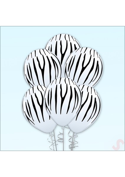 Zebra Baskılı Beyaz Balon, 30CM x 6 Adet