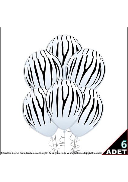 Zebra Baskılı Beyaz Balon, 30CM x 6 Adet