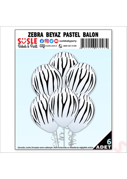 Zebra Baskılı Beyaz Balon, 30CM x 6 Adet