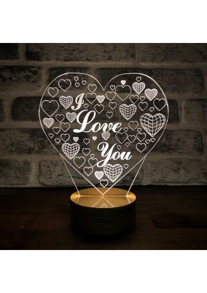 Kalp I Love You Figürlü Dekoratif Hediye Led Masa Lambası | 7 Işık Rengi | Ahşap Taban