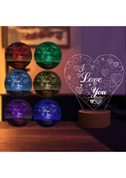 Kalp I Love You Figürlü Dekoratif Hediye Led Masa Lambası | 7 Işık Rengi | Ahşap Taban fiyatları