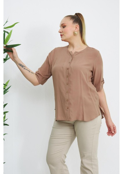 Kol Detaylı Büyük Beden Vizon Gömlek