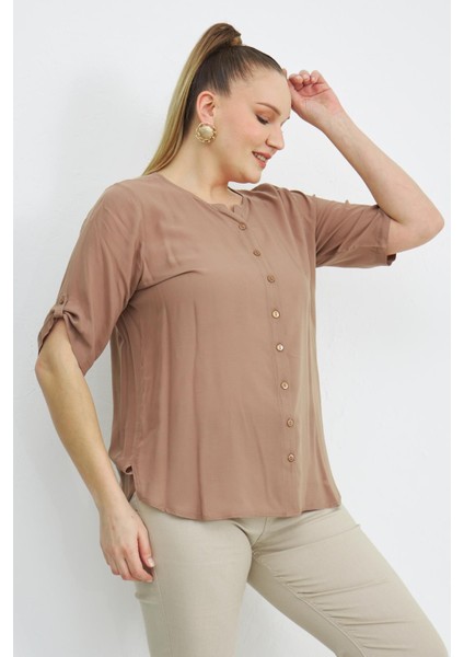 Kol Detaylı Büyük Beden Vizon Gömlek fiyatları