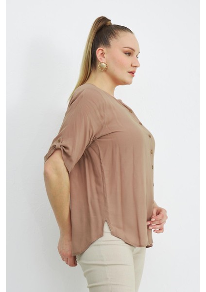 Kol Detaylı Büyük Beden Vizon Gömlek modelleri