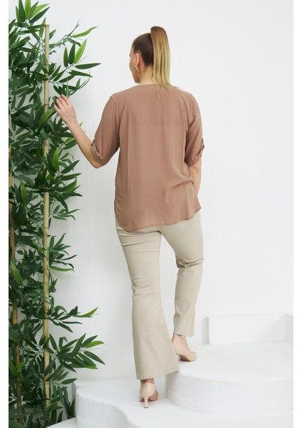 Kol Detaylı Büyük Beden Vizon Gömlek fırsatları