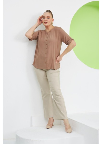 Kol Detaylı Büyük Beden Vizon Gömlek indirimleri