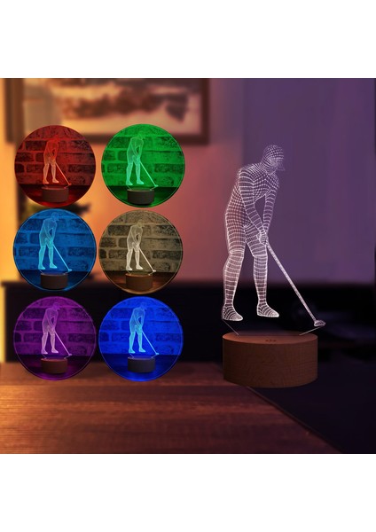 Golfçü Figürlü Dekoratif Hediye Led Masa Lambası | 7 Işık Rengi | Ahşap Taban