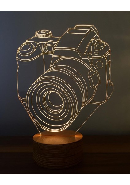 Fotoğraf Makinesi LED Masa Lambası Ahşap Taban 7 Farklı Işık Renkli