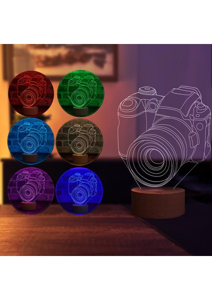 Fotoğraf Makinesi LED Masa Lambası Ahşap Taban 7 Farklı Işık Renkli
