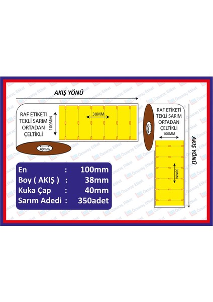 Raf Etiketi 100X38 350 Sarım Yatay Sarı Renkli Ortadan Çeltikli