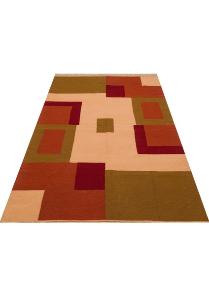 Kilim Turuncu Geometrik Yün ve Pamuk Kilim Oda Salon Halısı