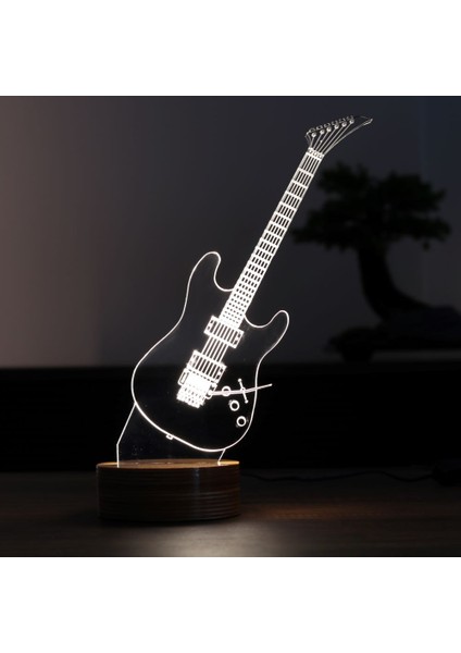 Gitar Figürlü Dekoratif Hediye Led Masa Lambası | 7 Işık Rengi | Ahşap Taban