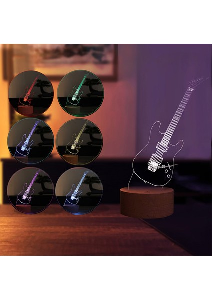 Gitar Figürlü Dekoratif Hediye Led Masa Lambası | 7 Işık Rengi | Ahşap Taban